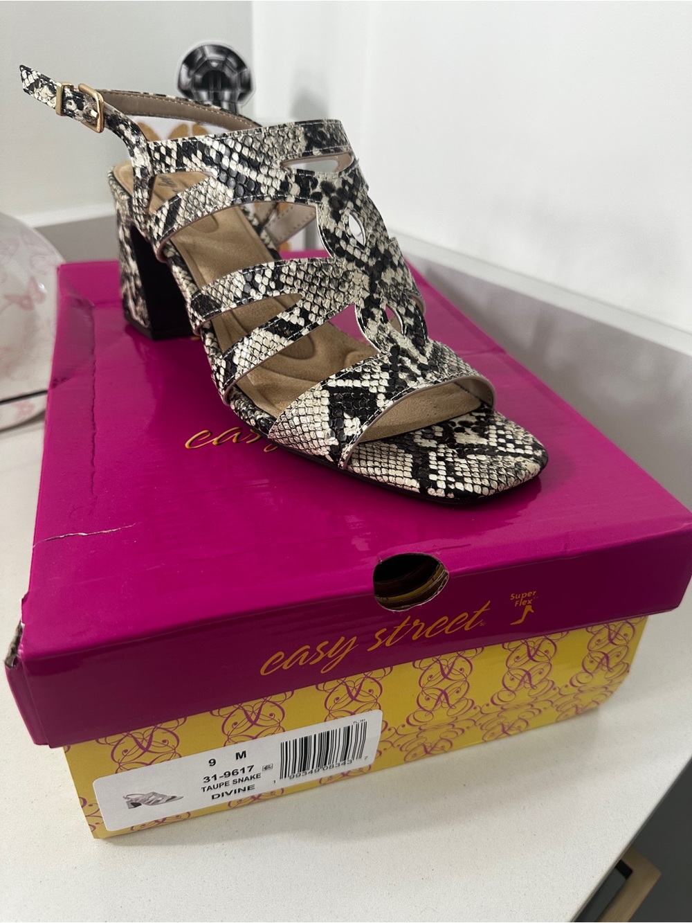 easy street Black and White Snake-Print Strappy Block Heel Sandal